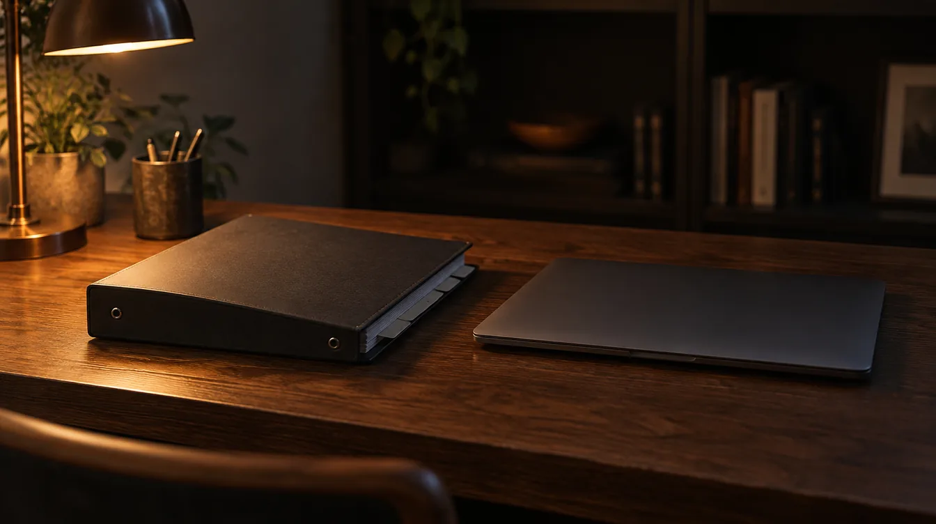 Een gesloten antracieten ringband en een dichte laptop op een donker eiken bureau, verlicht door een warme amberkleurige bureaulamp.