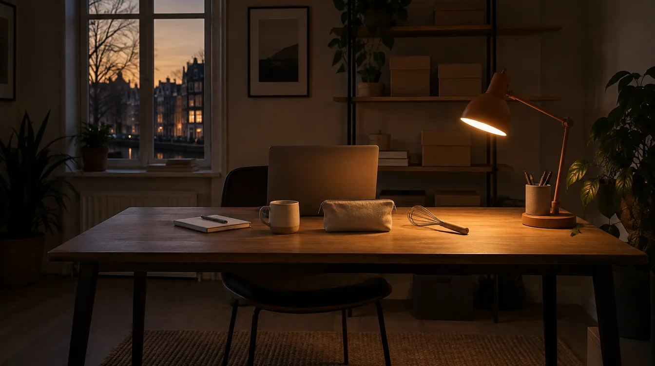 Bureau in een donkere thuiswerkplek met drie losse productsamples en een laptop onder een warme oranje lamp