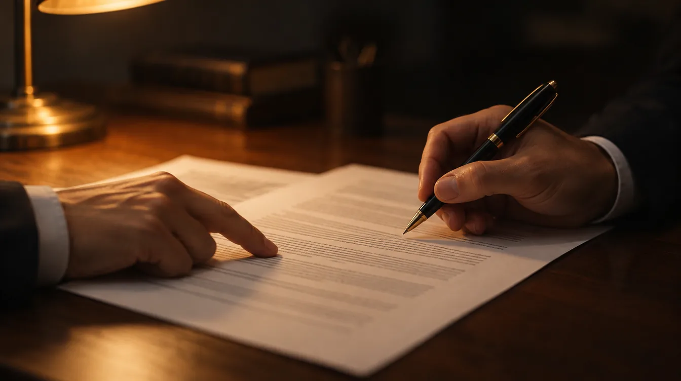 Handen met een pen bij een geprint contract op een donker bureau, in het warme licht van een oranje bureaulamp