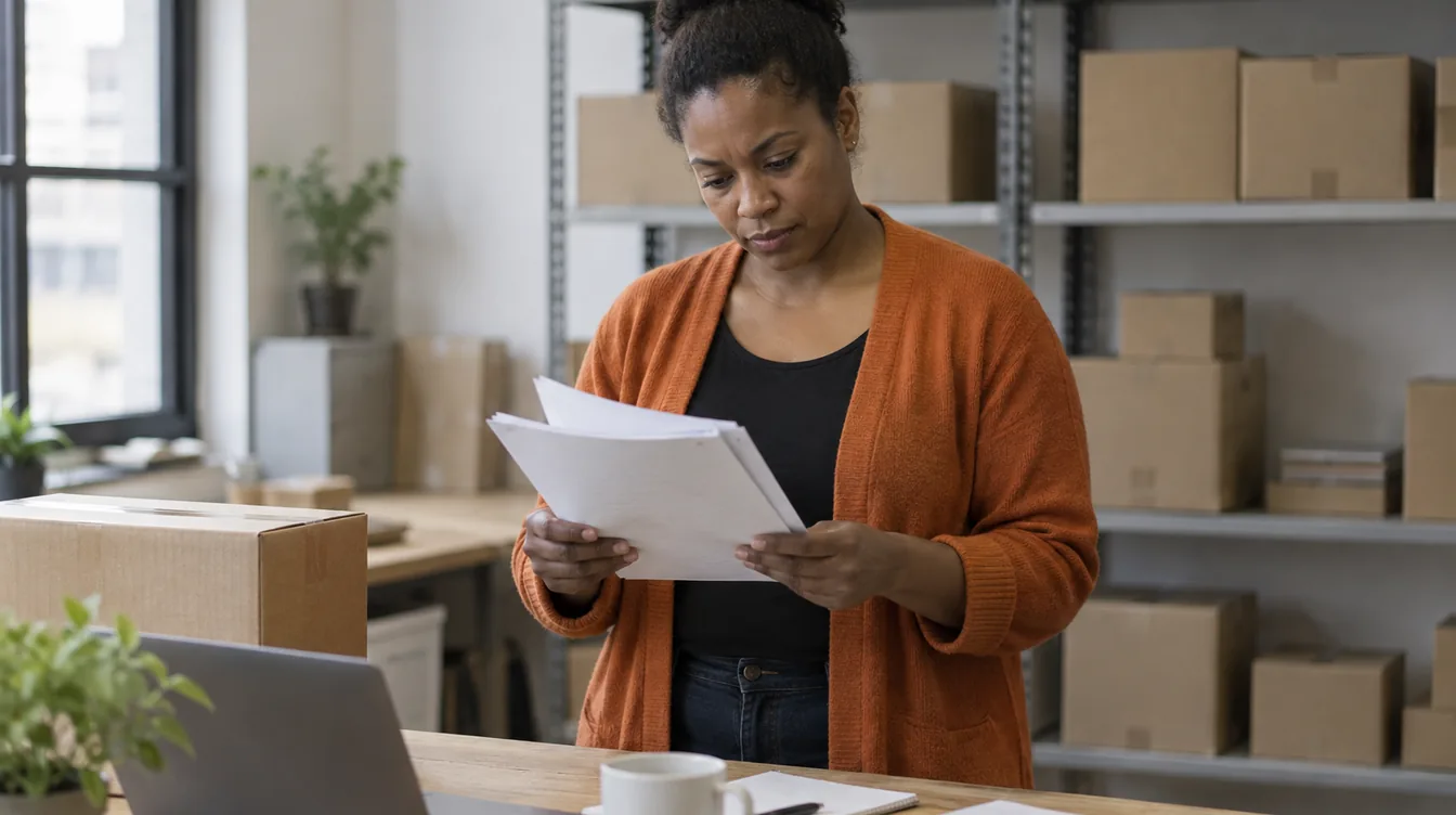 Vrouw staat in daglicht aan een houten werkbank in een kleine opslagruimte en leest geconcentreerd een geprint document, met dozen op schappen achter haar