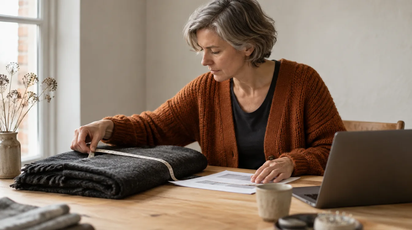 Vrouw in een oranje vest meet bij daglicht een opgevouwen grijze plaid met een meetlint, naast een geprint blad en een laptop met het scherm van de camera af.
