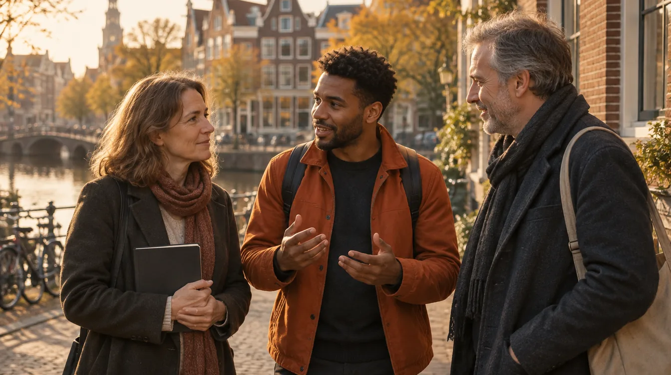 Drie ondernemers praten buiten bij een bakstenen pand aan een Nederlandse gracht in de late middagzon. Eén van hen houdt een notitieboek vast.
