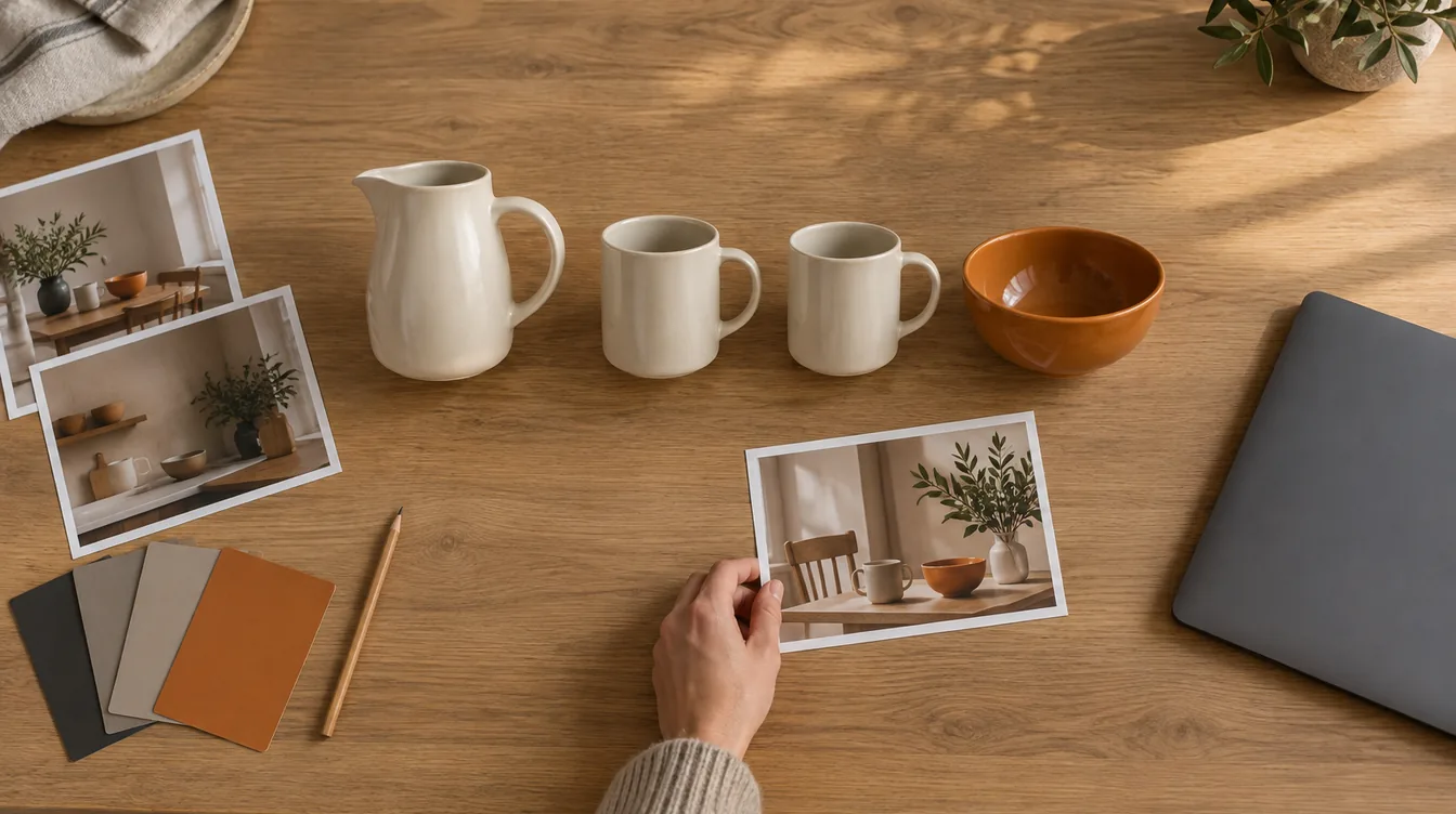 Bovenaanzicht van een lichte houten tafel met een rij ongemerkte keukenproducten, geprinte sfeerfoto's, kleurstalen en een hand die een foto neerlegt