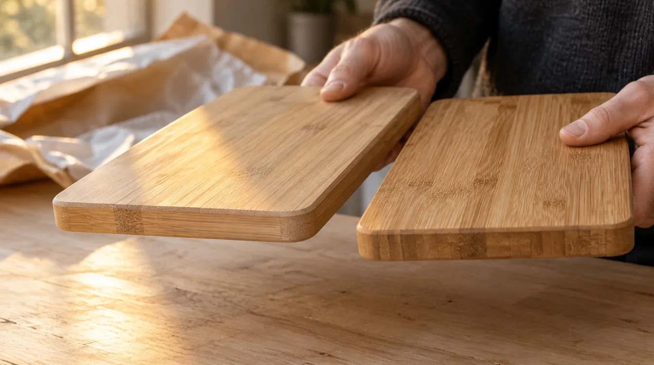 Twee handen houden twee ongemerkte bamboe snijplanken naast elkaar en vergelijken de randen in warm middaglicht bij een raam.