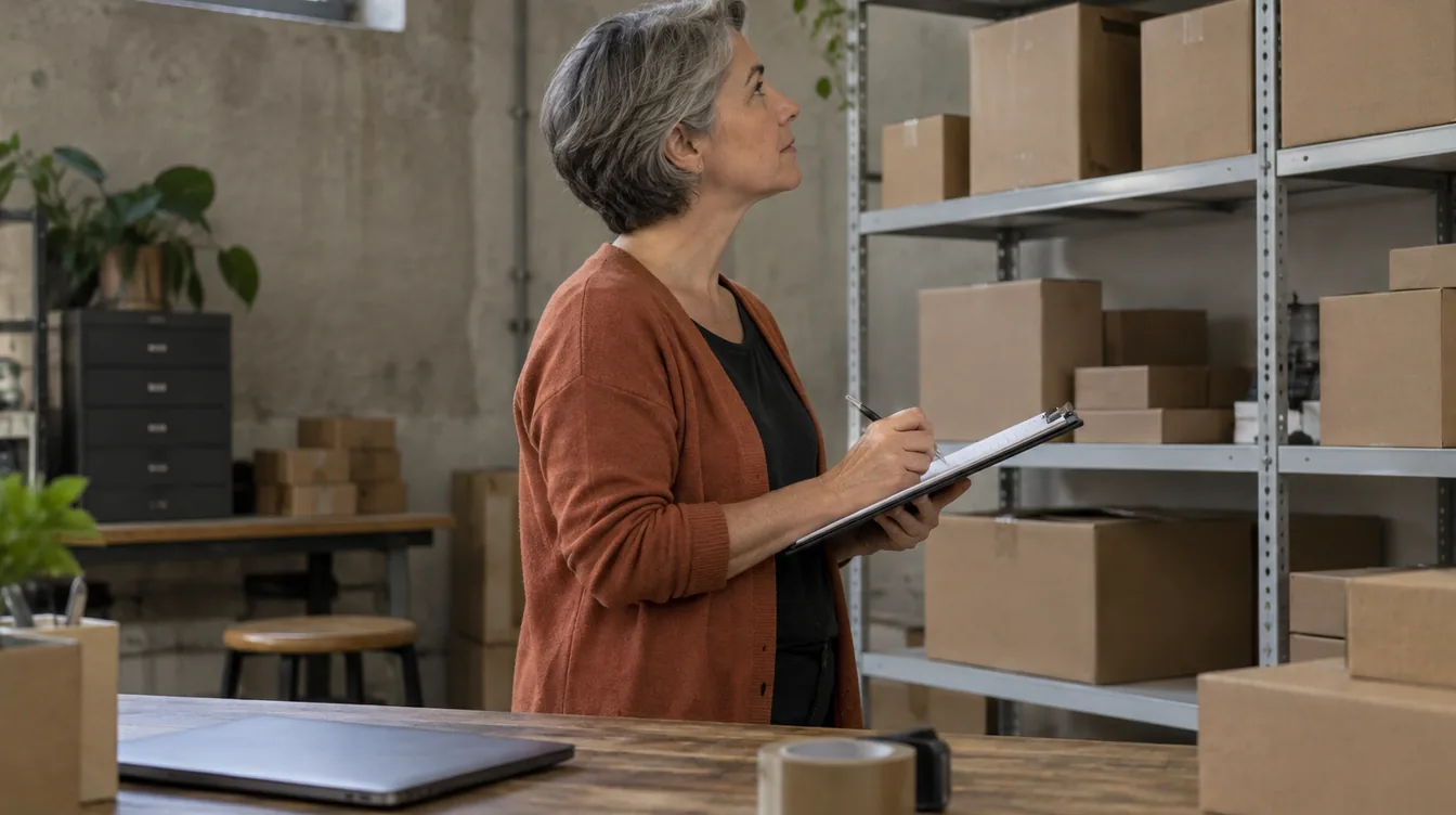 Vrouw in een roestoranje vest schrijft bij daglicht op een klembord aan een houten werkbank naast een schap met blanco kartonnen dozen