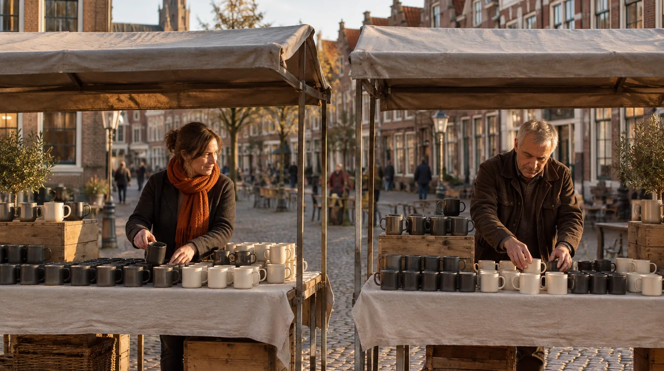 Een vrouw met een oranje sjaal schikt ongemerkte mokken op haar marktkraam naast een kraam met dezelfde mokken, op een Nederlands plein in de namiddag.