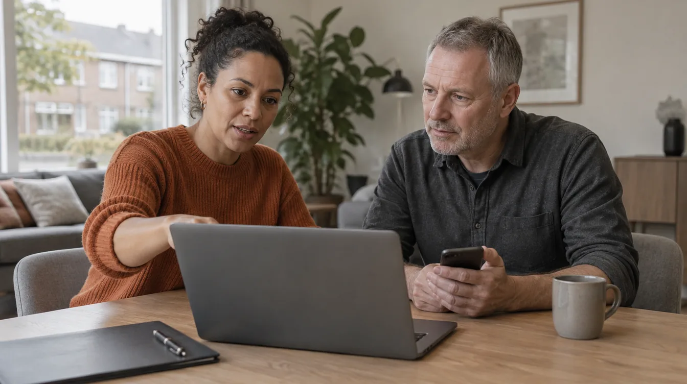 Twee mensen in gesprek aan een eikenhouten tafel bij het raam; een vrouw in een oranje trui wijst naar een laptop, een man met telefoon luistert.