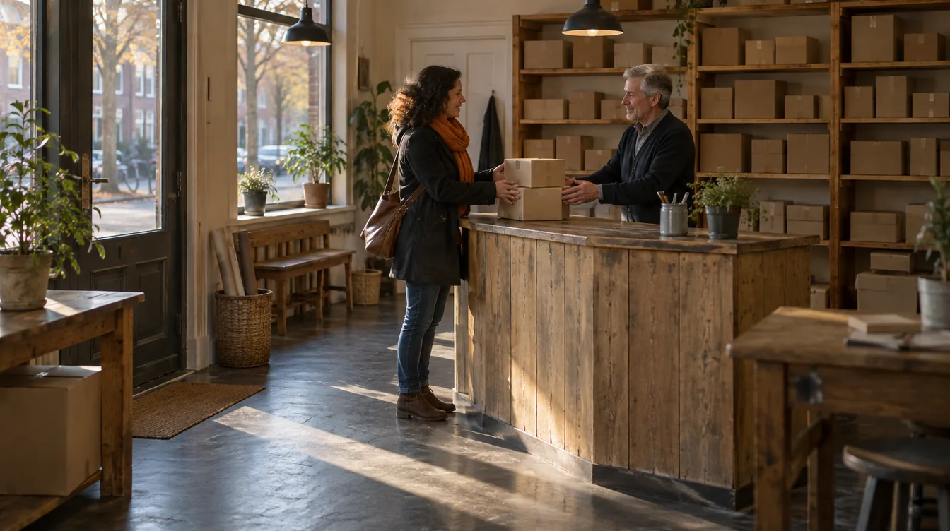 Vrouw met oranje sjaal zet twee kartonnen pakketjes op de toonbank van een buurtwinkel met schappen vol bruine pakketten, in laag middaglicht.