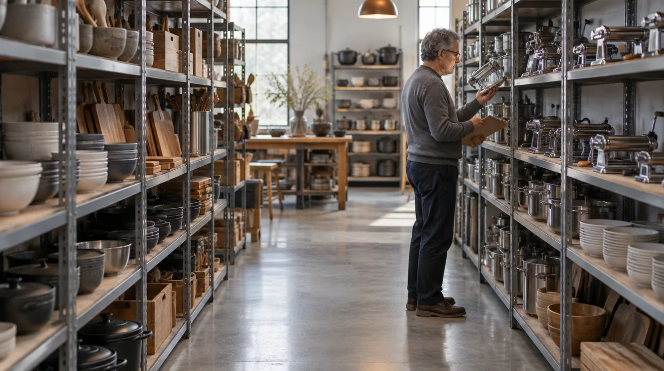 Brede gang in een groothandelsshowroom met schappen vol ongemerkte keukenspullen; achterin bekijkt een man met klembord een pastamachine.