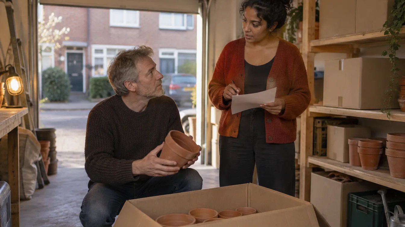 Twee mensen praten in een omgebouwde garage bij een open doos ongemerkte terracotta bloempotten; de vrouw houdt een blad vast, de man een pot.