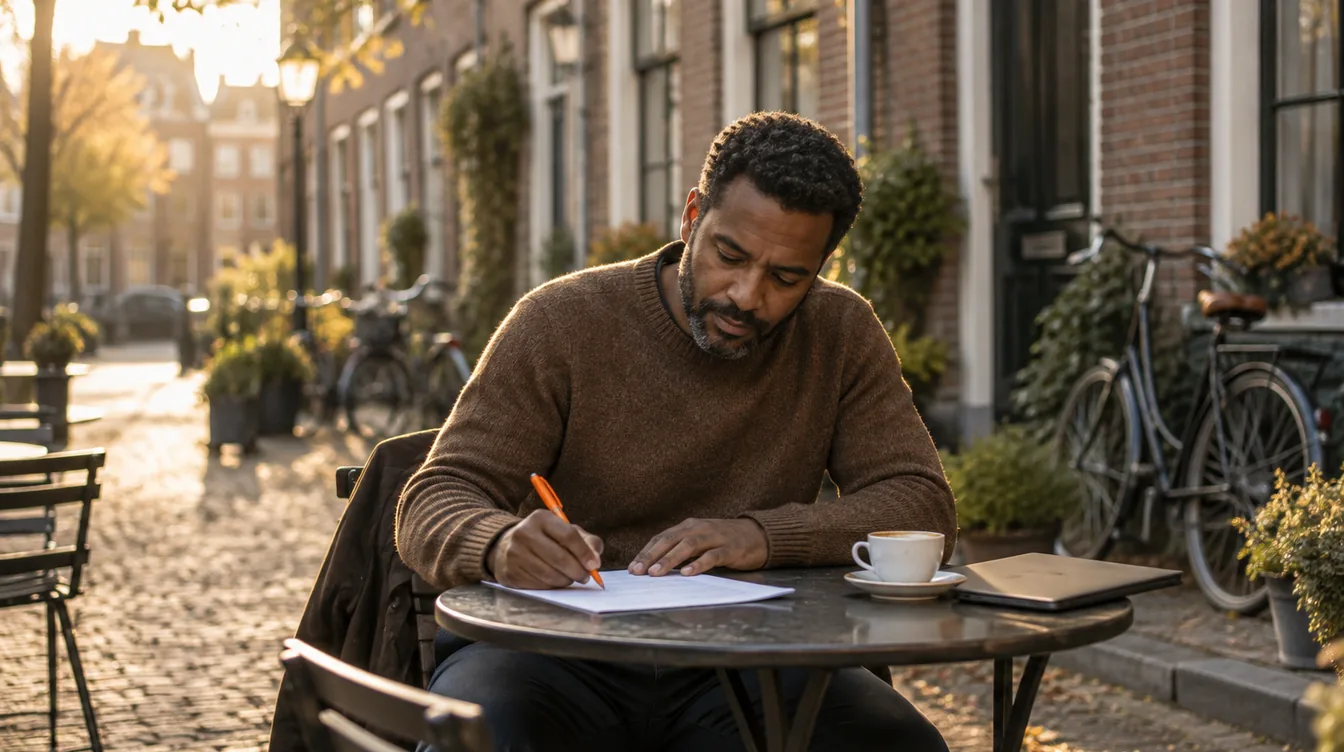 Man op een terras in een Nederlandse straat met bakstenen huizen markeert met een oranje pen een geprint blad naast een dichte laptop en koffie.
