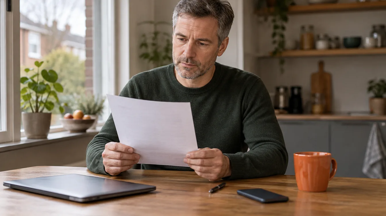 Man van middelbare leeftijd zit 's middags aan een keukentafel bij het raam en leest een geprint blad, met een dichte laptop en een oranje mok naast zich.