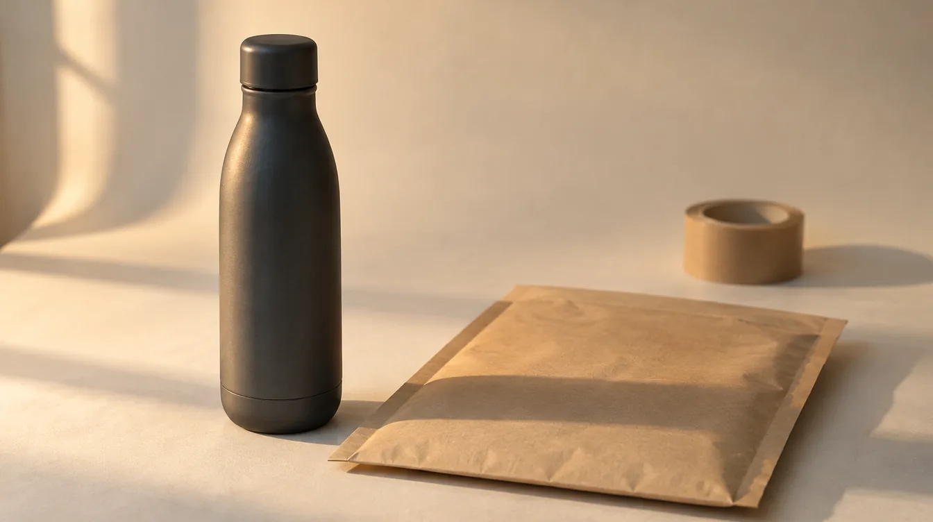 Een ongemerkte antraciet drinkfles naast een lege kraftpapieren verzendenvelop en een rol bruine papiertape op een lichte ondergrond in warm zijlicht.
