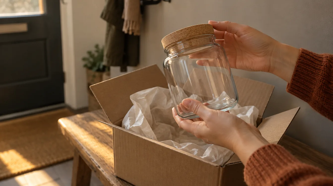 Handen halen een ongemerkte glazen voorraadpot uit een geopend pakketje met vloeipapier op een houten bankje in de gang, in warm middaglicht.