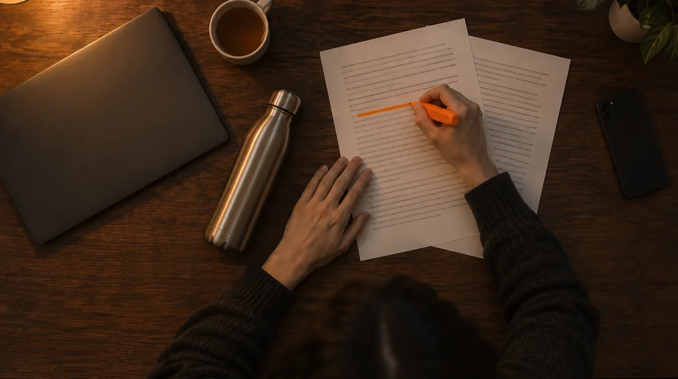 Bovenaanzicht van een donker houten bureau: een hand markeert met een oranje markeerstift een geprint vel naast een ongemerkte drinkfles en een dichte laptop.