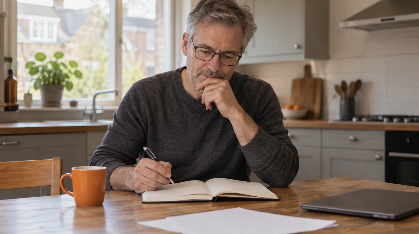 Man van middelbare leeftijd zit in ochtendlicht aan een keukentafel en kijkt peinzend in een notitieboek, met een oranje mok en losse vellen papier naast zich.
