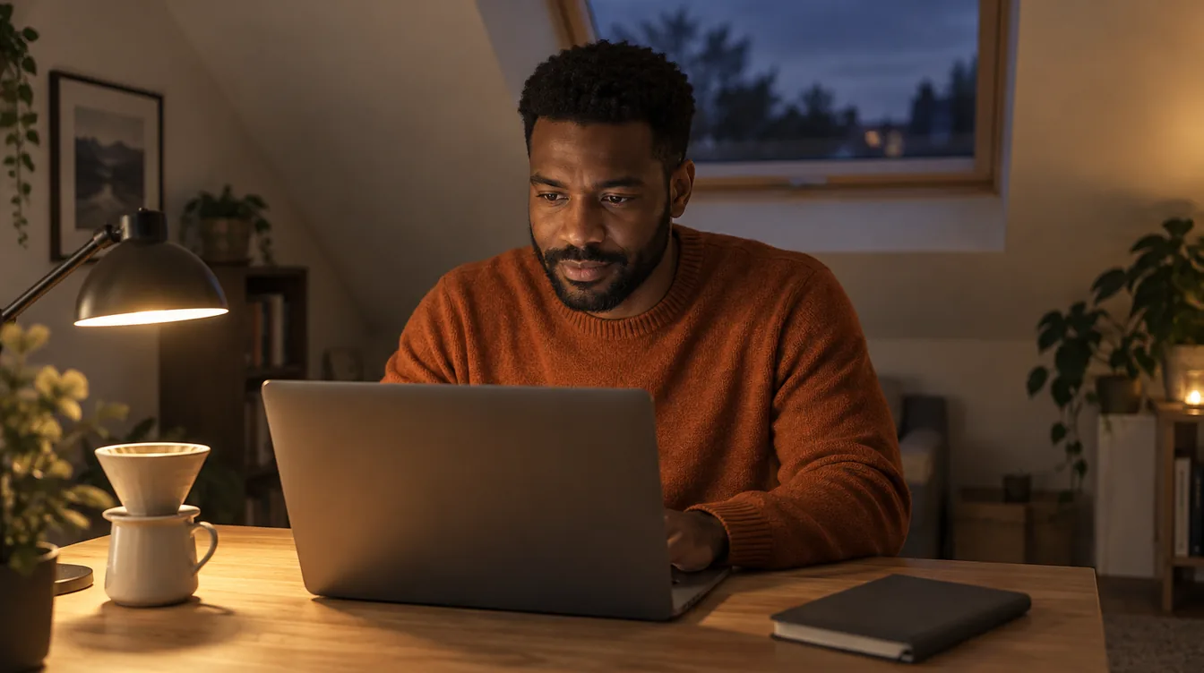 Man in een oranje trui zit 's avonds op een zolderkamer achter een laptop bij een amberkleurige bureaulamp, naast een witte koffiefilterhouder.
