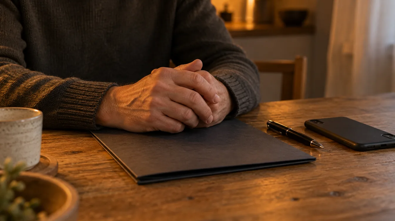 Close-up van gevouwen handen op een dichte donkere map aan een eiken keukentafel, met een dichte pen en een omgedraaide telefoon in warm avondlicht.