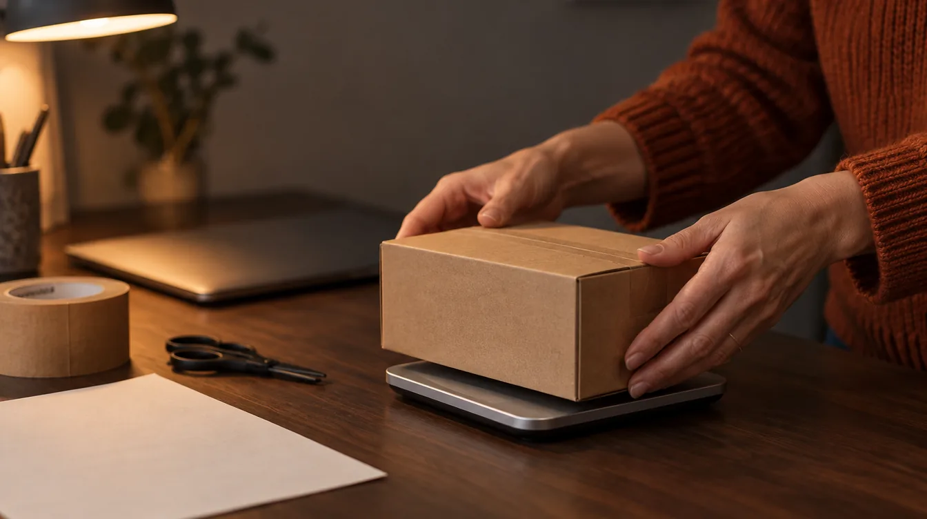 Handen zetten een ongemerkte bruine verzenddoos op een kleine weegschaal op een donker houten bureau, naast een schaar en bruine tape, in warm lamplicht.