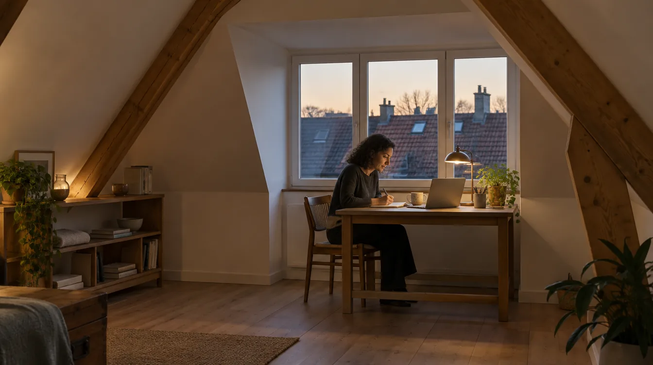 Zolderkamer met schuin houten dak en dakkapel in de avond; klein in beeld schrijft een vrouw aan een eiken bureau onder een amberkleurige lamp.