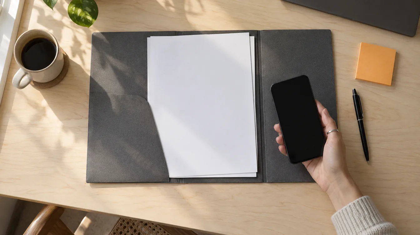 Bovenaanzicht van een berkenhouten tafel met een open map met blanco vellen, een hand met een telefoon met donker scherm en een oranje notitieblok.