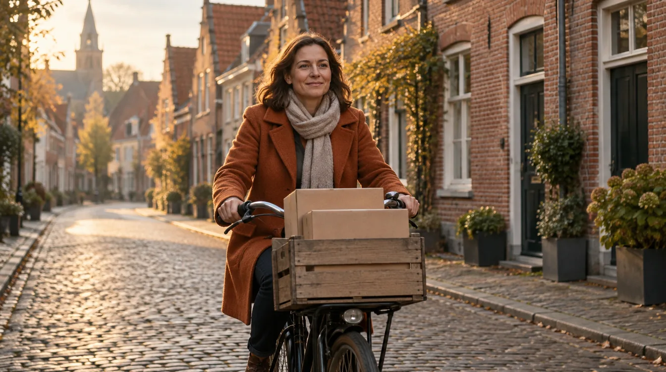 Vrouw in een oranje jas fietst 's ochtends met twee bruine pakketten in een houten fietskrat door een straat met Vlaamse bakstenen trapgevels.