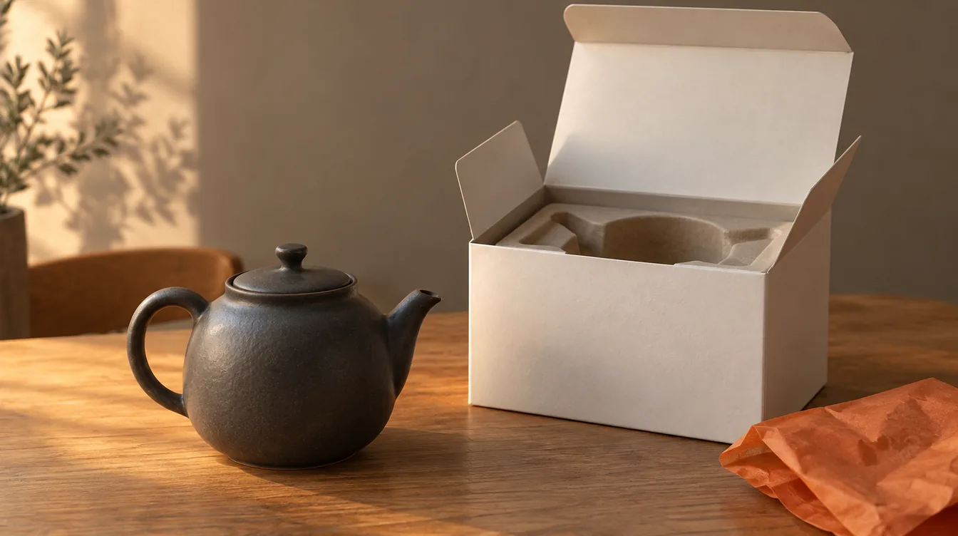 Een ongemerkte antraciet keramische theepot naast een open, onbedrukte gebroken witte productdoos met oranje vloeipapier op een eiken tafel in warm zijlicht.