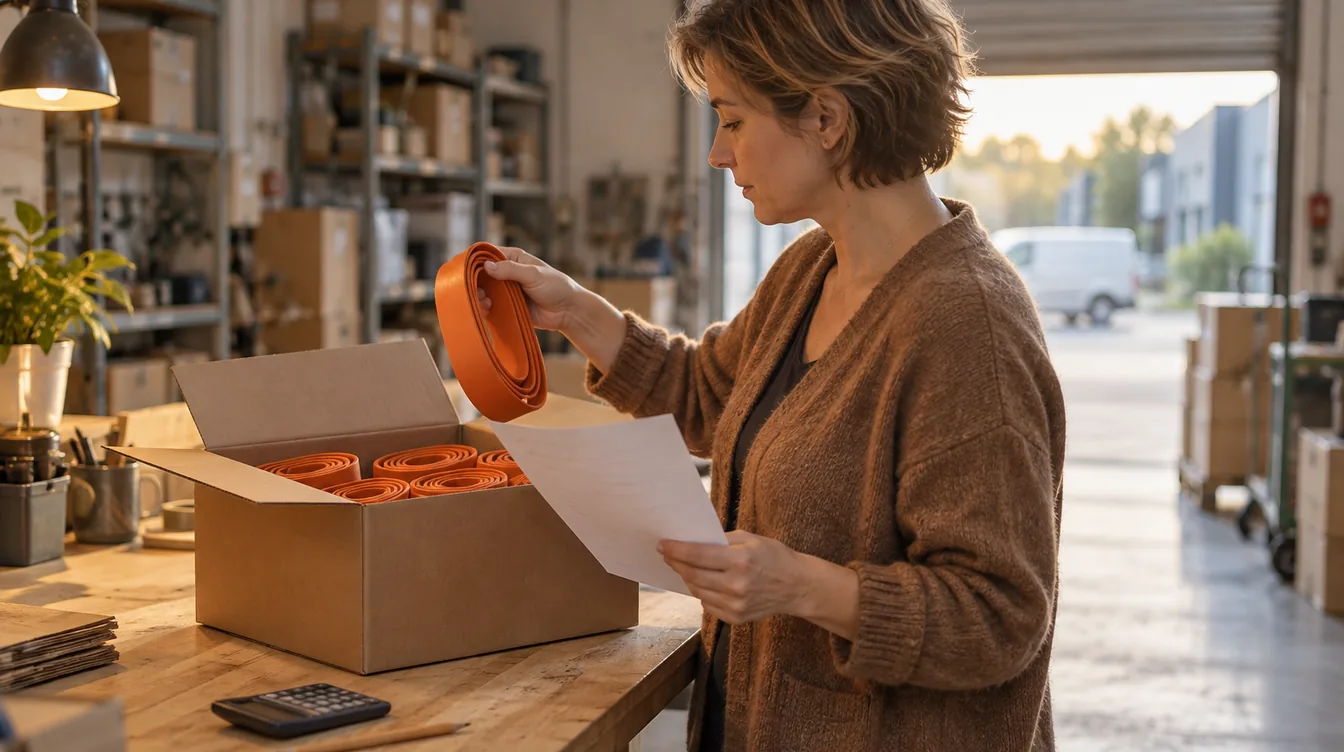 Vrouw in een bruin vest haalt aan een werkbank een oranje weerstandsband uit een open kartonnen doos, met een vel papier en een rekenmachine naast zich.