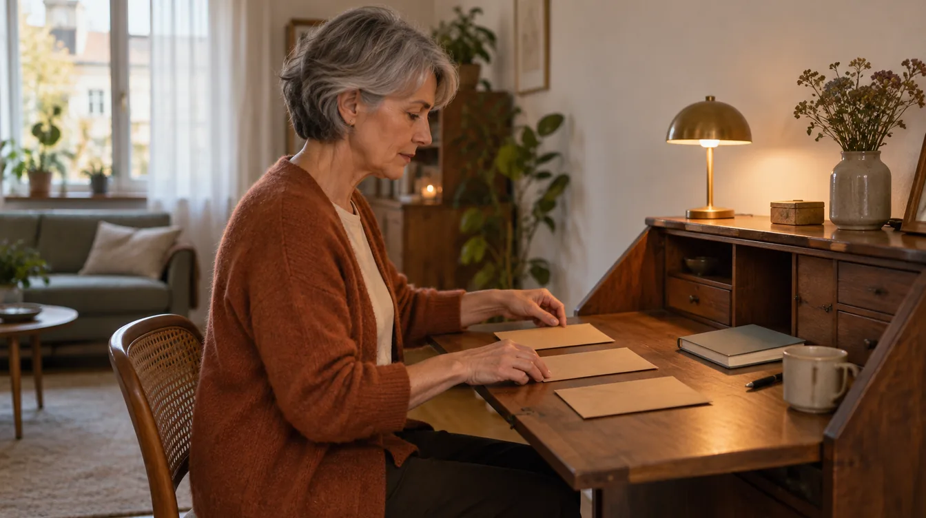 Vrouw met kort grijs haar legt aan een houten secretaire in de woonkamer drie bruine enveloppen op een rij, naast een ongemerkte keramische mok en een lamp.