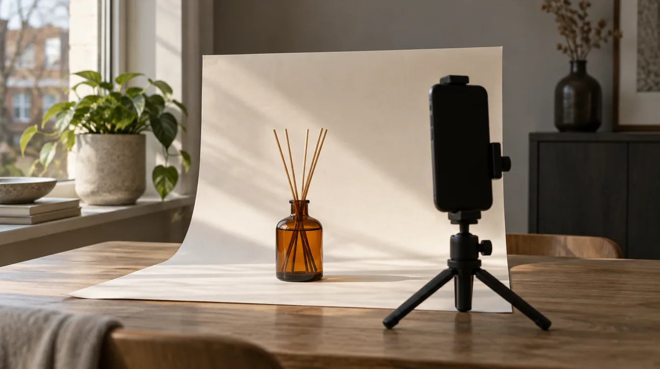 Een ongemerkte amberkleurige glazen fles met geurstokjes op wit fotopapier, naast een telefoon op een klein statief, in zacht middaglicht bij een raam.