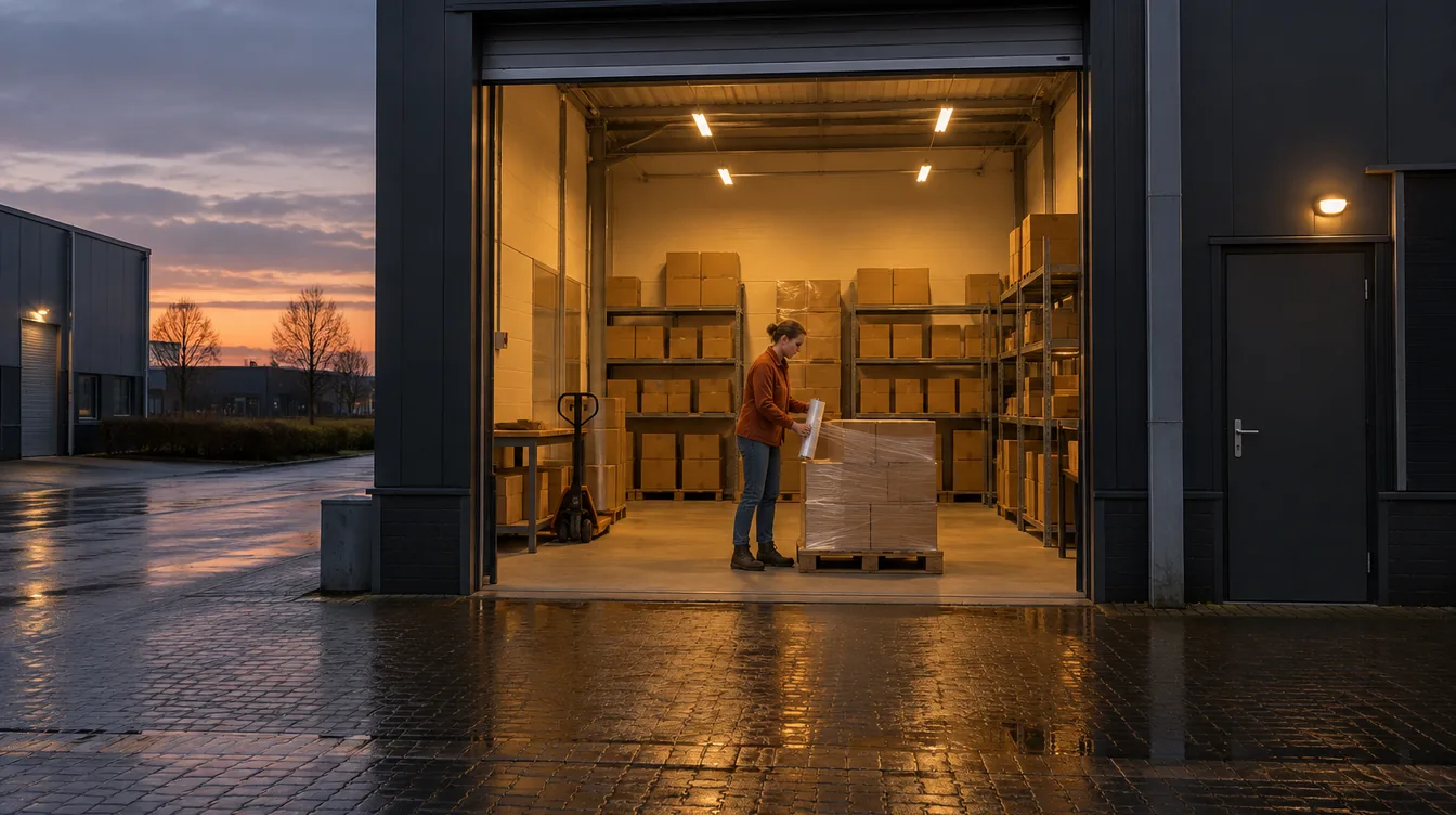 Open roldeur van een kleine bedrijfsunit in de schemering; binnen wikkelt een vrouw in een oranje jas een pallet bruine dozen in folie.