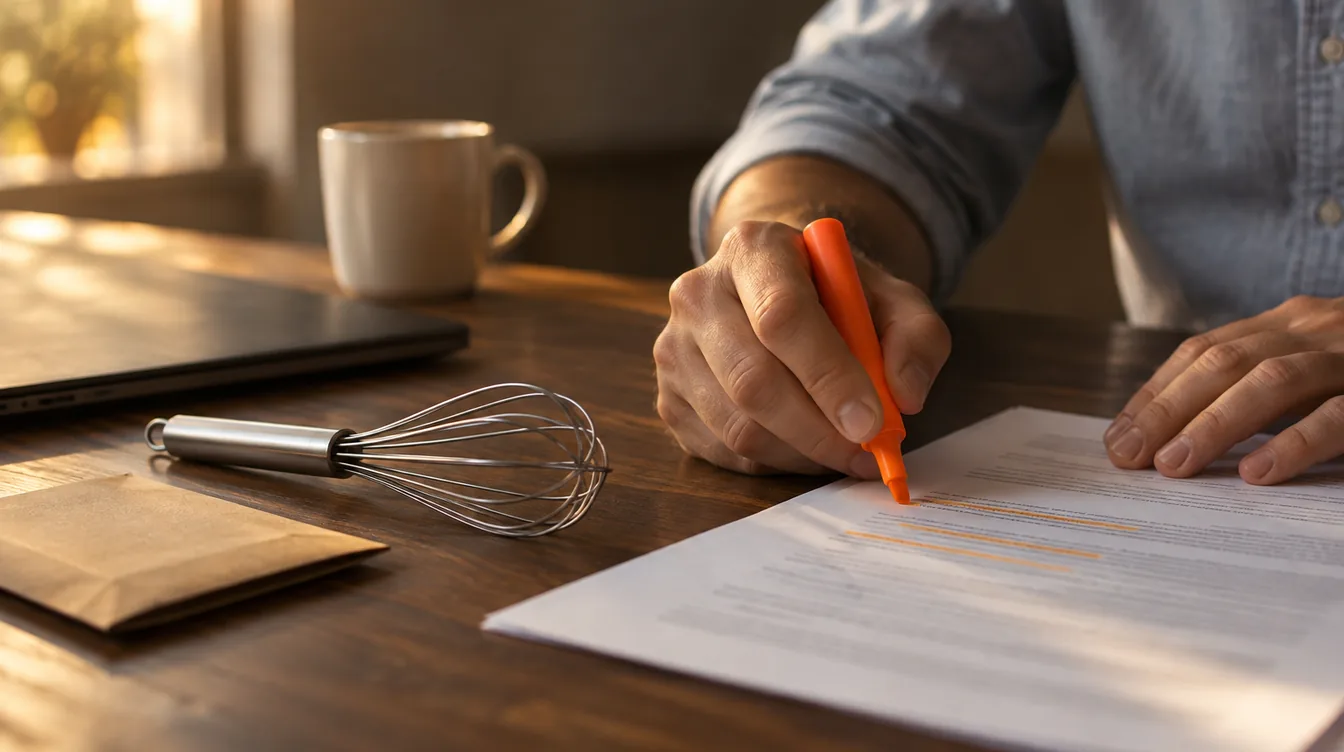 Close-up van handen die met een oranje markeerstift een geprint blad nalopen naast een ongemerkte metalen garde op een notenhouten bureau.