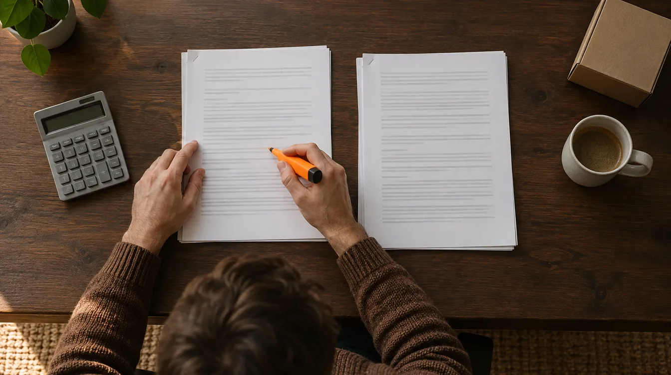 Bovenaanzicht van een donker notenhouten bureau met twee geniete stapels papier, handen met een oranje markeerstift, een rekenmachine en een bruine doos.