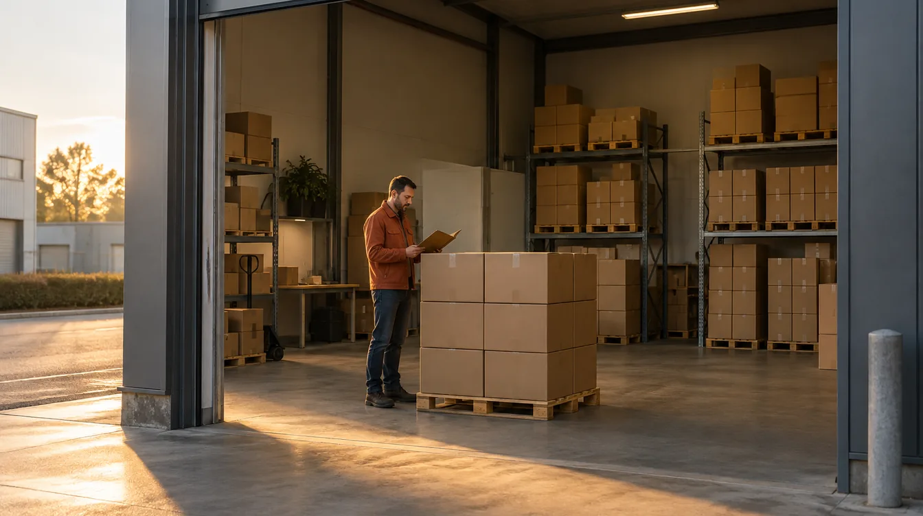 Bedrijfsunit met open roldeur en stellingen met ongemerkte dozen; klein in beeld vergelijkt een man bij een pallet dozen een papieren map.