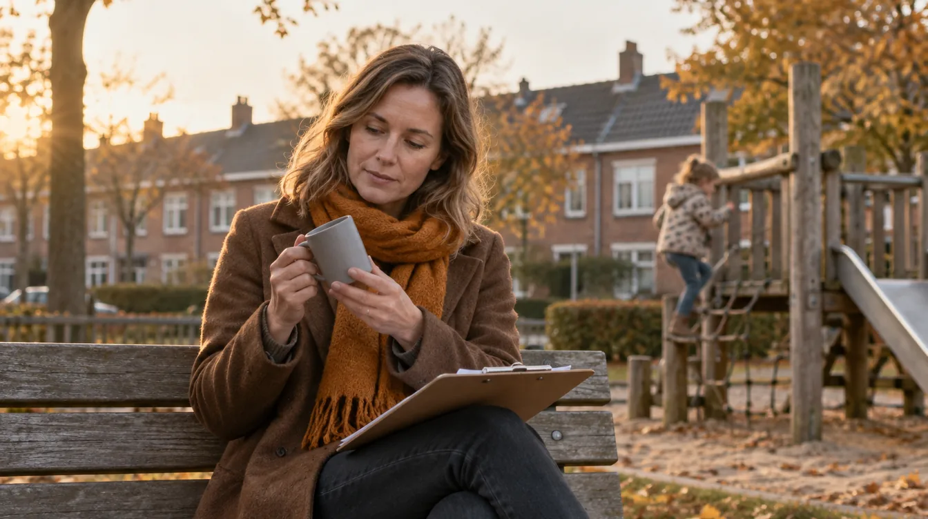 Vrouw in een bruine jas met amberkleurige sjaal bekijkt op een bankje bij een speeltuin een ongemerkte grijze mok; achter haar klimt een kind.