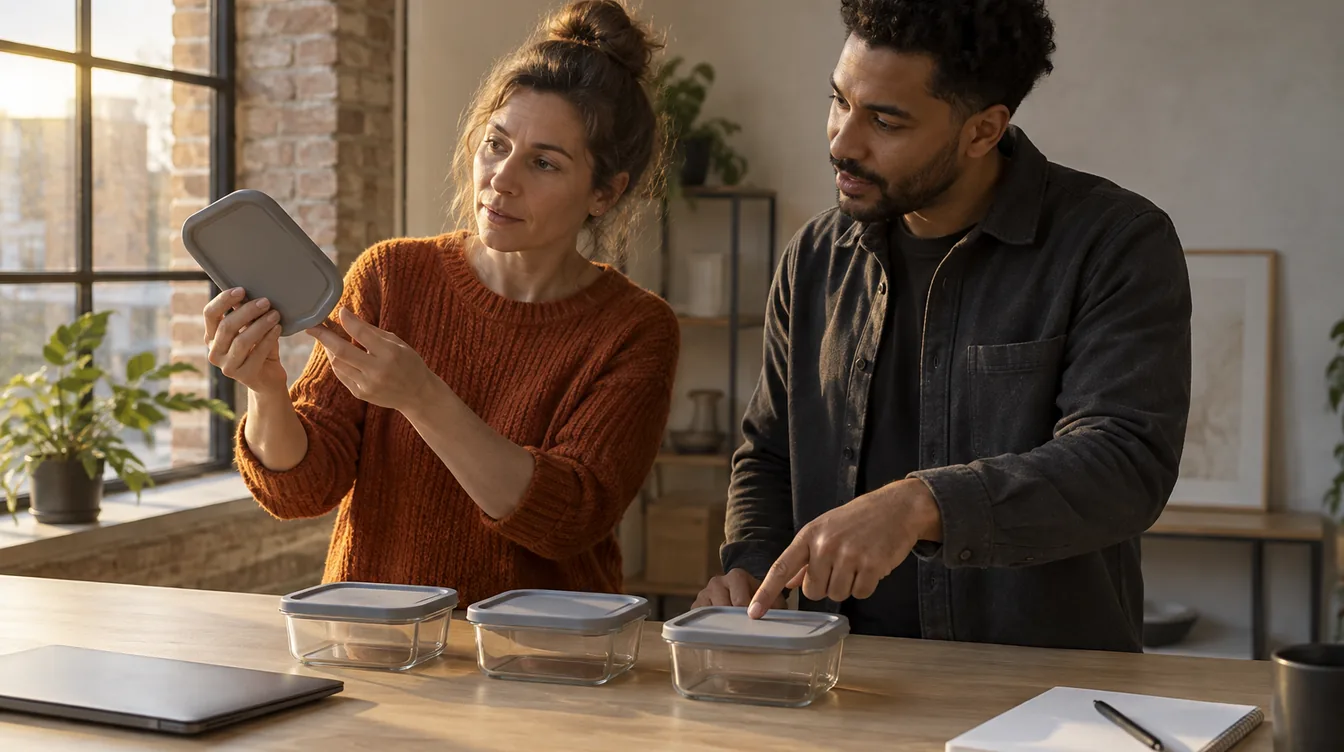 Een vrouw in een oranje trui en een man vergelijken aan een eiken statafel in een studio drie bijna gelijke ongemerkte glazen lunchboxen in laag middaglicht.