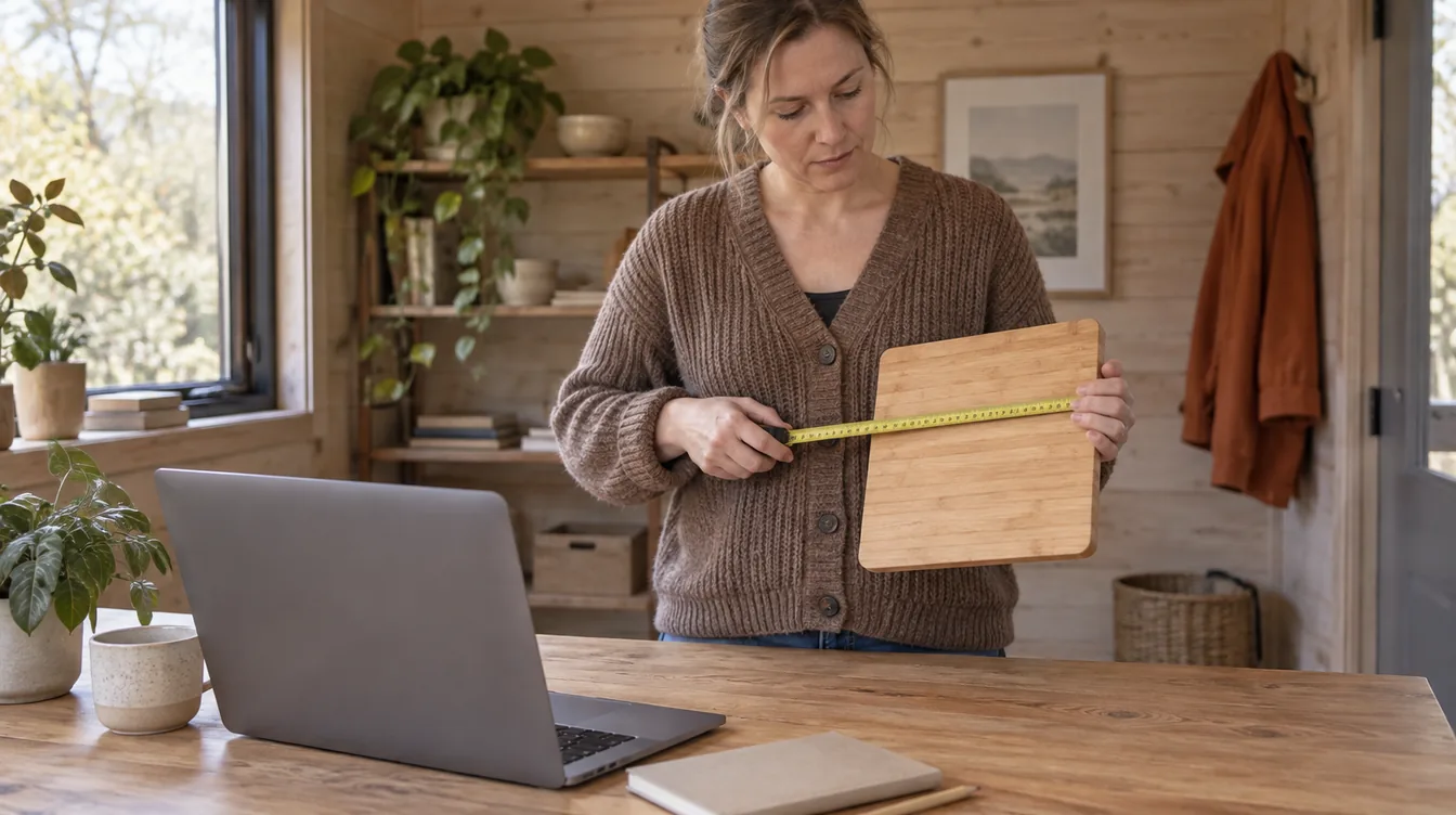 Vrouw meet in een tuinkantoor een ongemerkte bamboe snijplank op met een meetlint, naast een laptop die van de camera af staat.