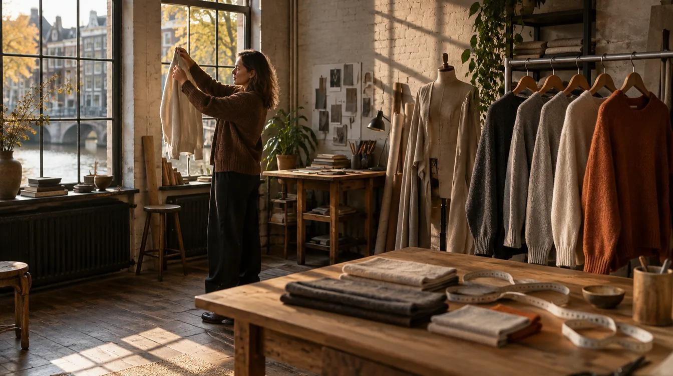 Kleine kledingstudio met een rek ongemerkte sweaters en stofstalen op een eiken tafel; achterin houdt een vrouw een sweater tegen het raamlicht.