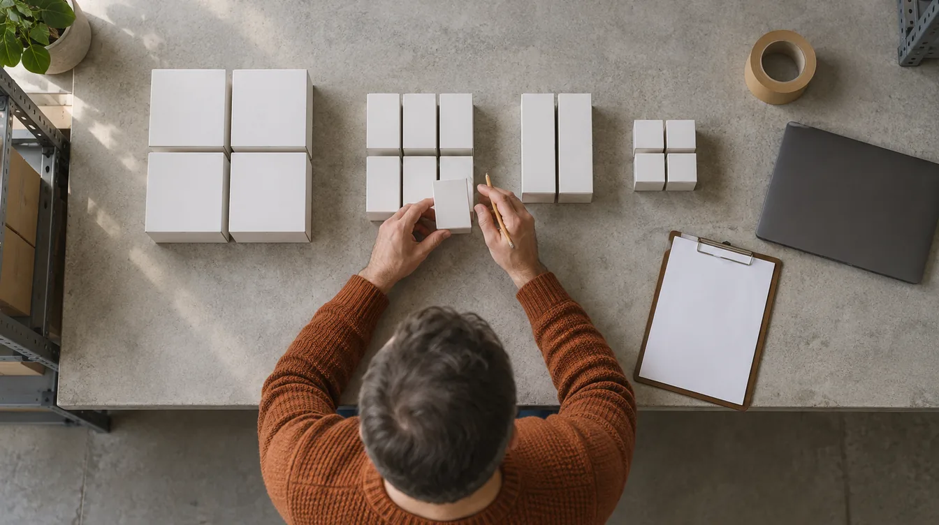 Bovenaanzicht van een grijze betonnen werkbank met groepjes witte ongemerkte doosjes, een klembord met blanco vel en handen in een oranje trui die tellen.