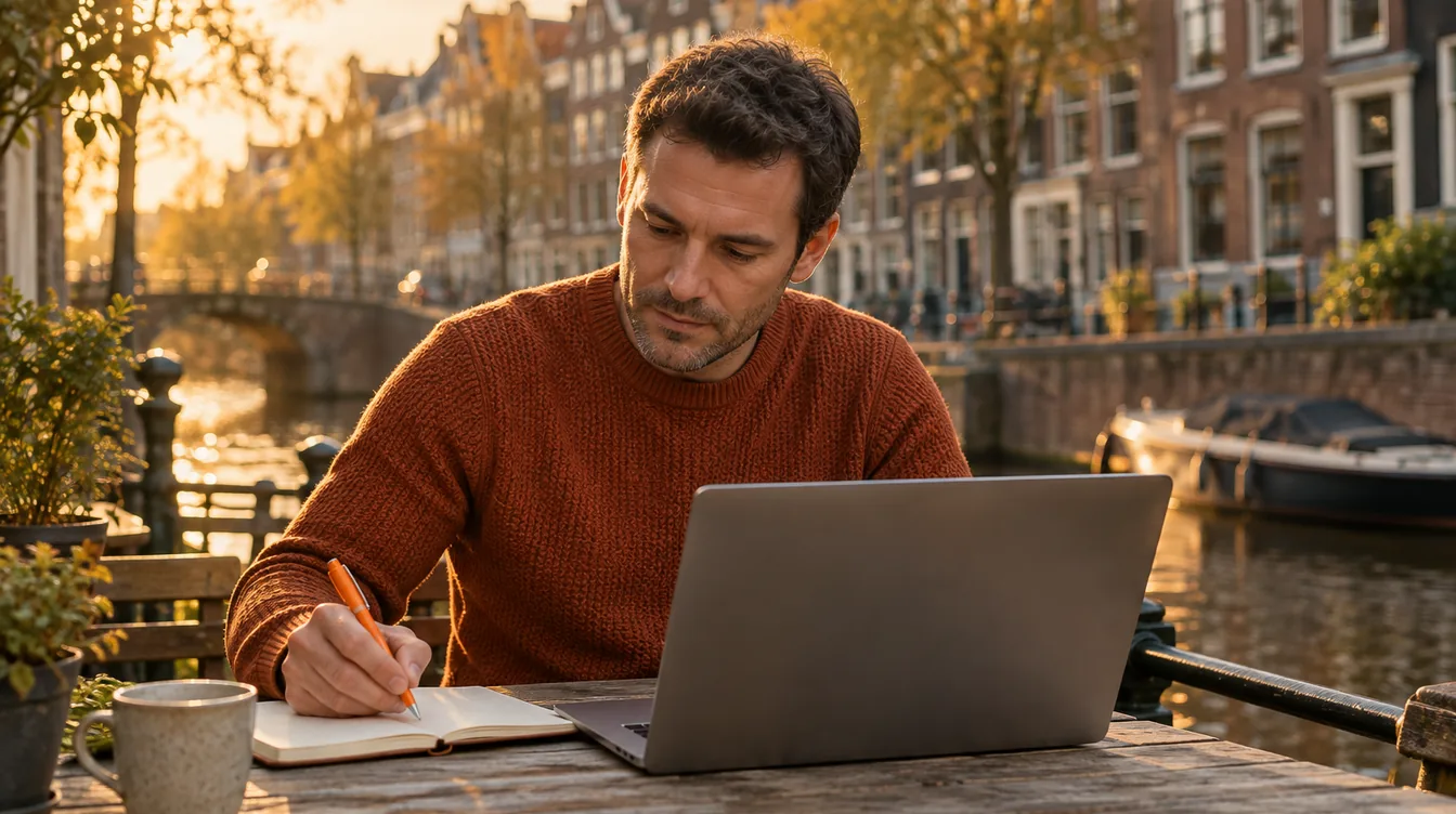 Man in een roestoranje trui werkt op een werfterras langs een gracht achter een laptop en schrijft met een oranje pen in een notitieboek, in laag zonlicht.