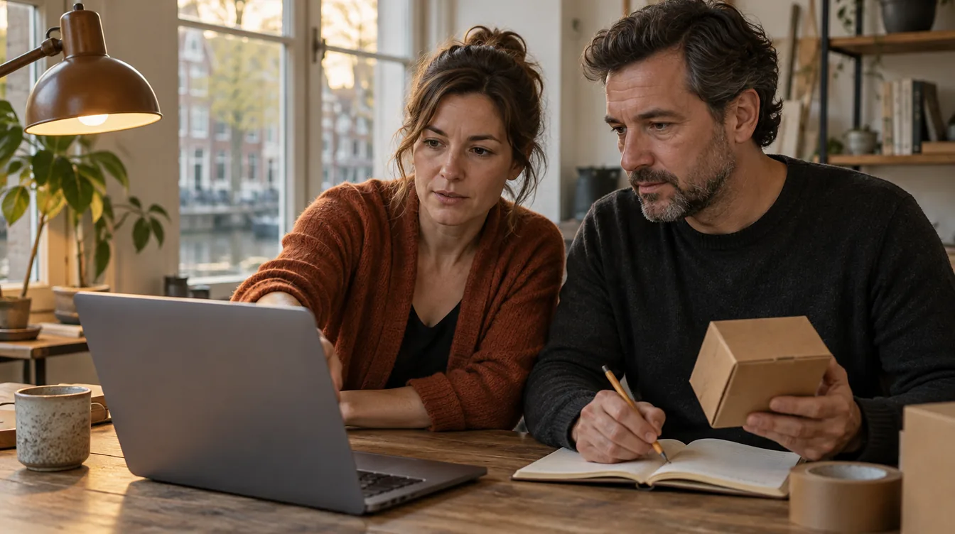 Een man en een vrouw aan een eiken tafel in een klein kantoor; zij wijst naar een laptop, hij houdt een bruine productdoos en een potlood boven een notitieboek.
