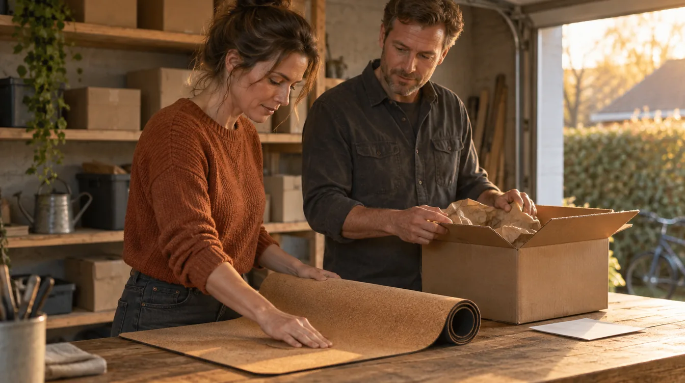 Vrouw in een oranje trui rolt in een garage een ongemerkte kurken yogamat uit op een werkbank, terwijl een man ernaast een bruine koeriersdoos openhoudt.