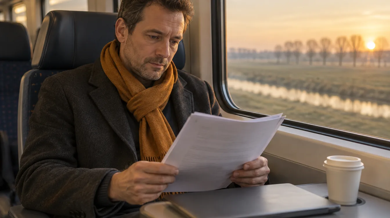 Man met amberkleurige sjaal leest bij zonsopgang in de trein een geniet document, met een dichte laptop en een koffiebeker op het tafeltje.