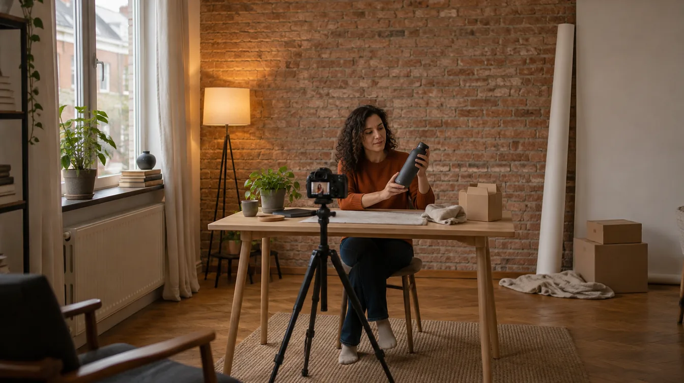 Vrouw in een oranje trui toont in een thuisstudio met bakstenen muur een ongemerkte antraciet drinkfles aan een camera op een statief.