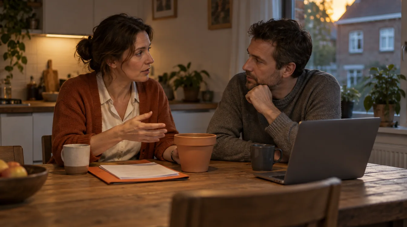 Een vrouw en een man praten 's avonds aan een keukentafel in een Vlaams rijhuis, met een ongemerkte terracotta bloempot, een oranje map en een laptop.