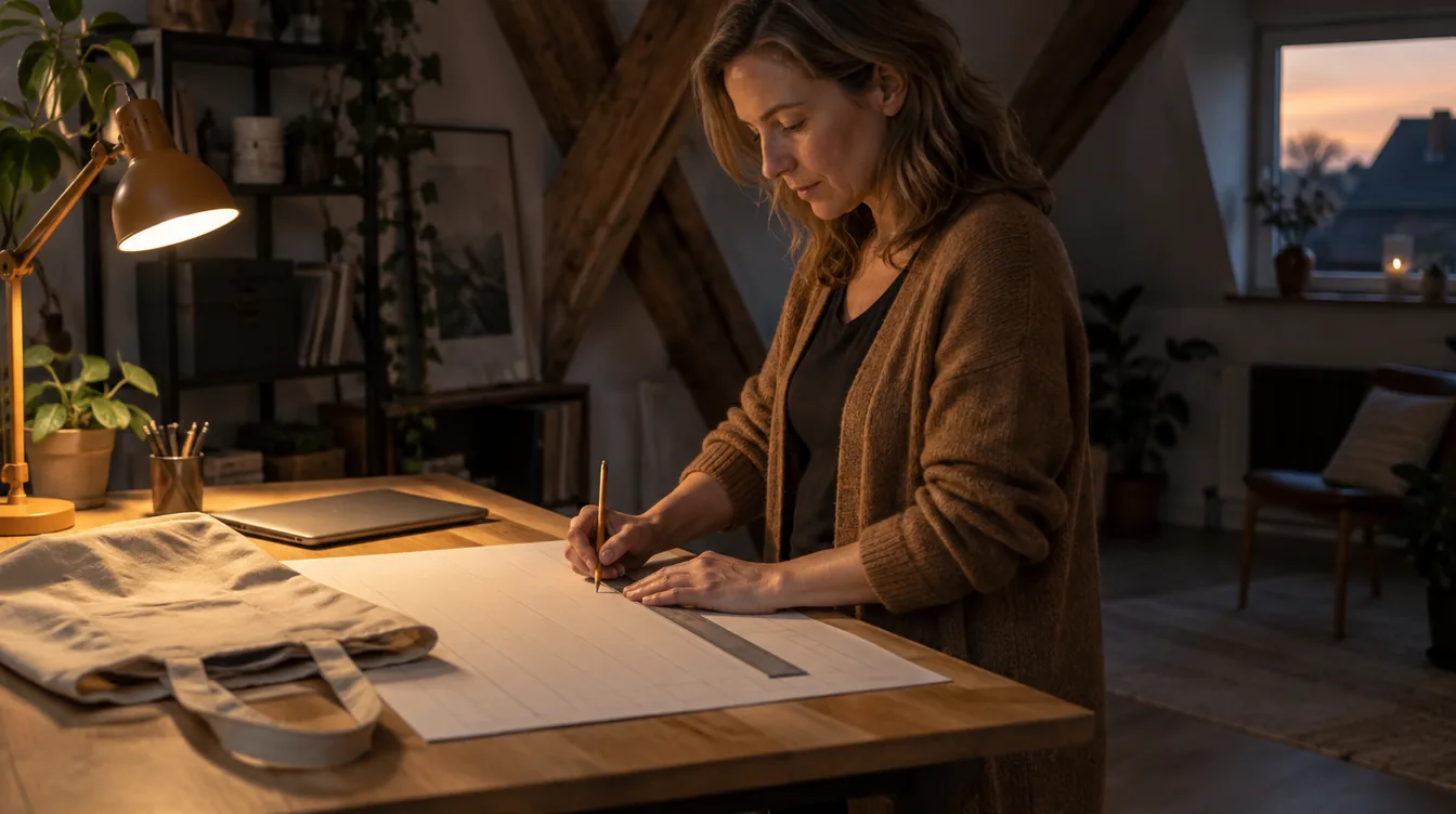 Vrouw tekent in een zolderkantoor met houten balken lijnen op een groot blanco ruitjesvel, naast een ongemerkte linnen tas en een amberkleurige lamp.