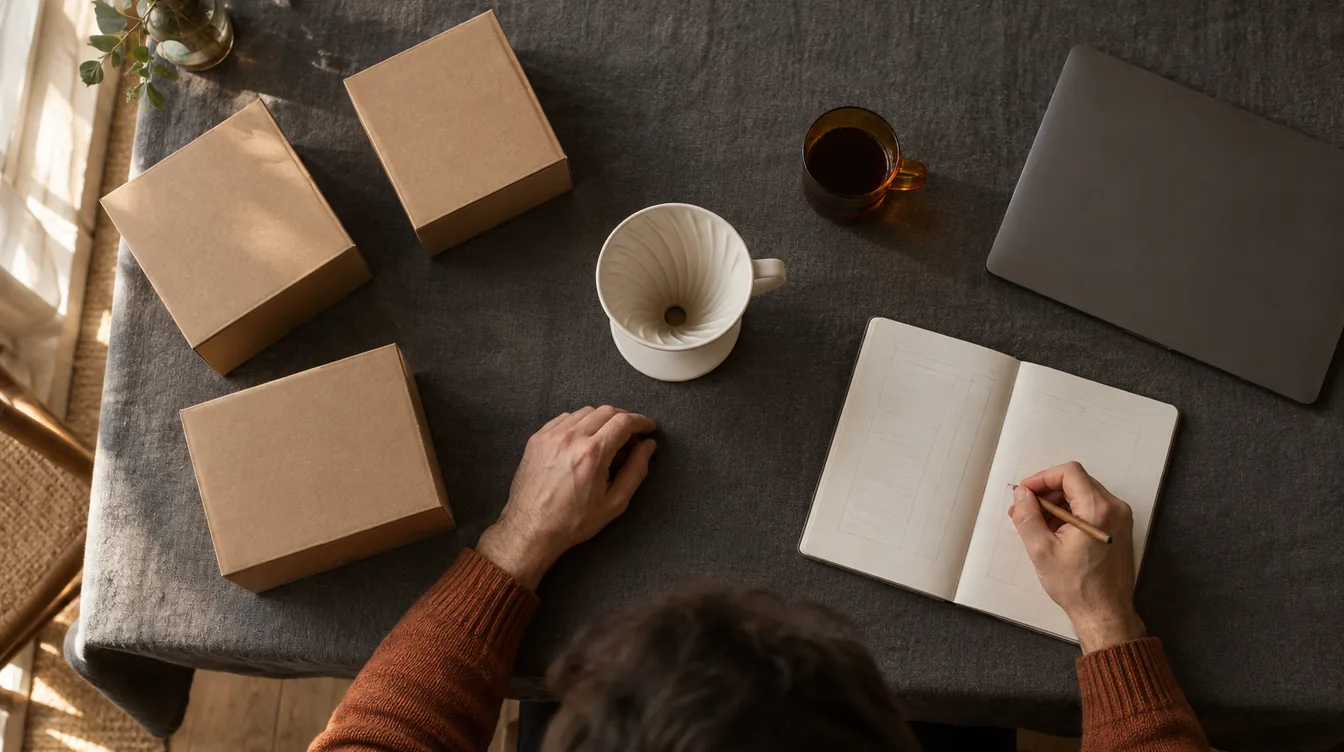 Bovenaanzicht van een keukentafel met een ongemerkte keramische koffiefilterhouder, platte bruine dozen, een notitieboek en handen in een roestoranje trui.