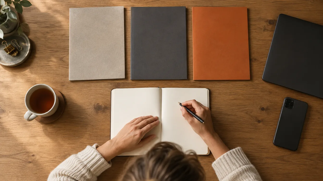 Bovenaanzicht van een eiken bureau met drie ongemerkte mappen, een open notitieboek met pen in de hand van een vrouw en een dichtgeklapte laptop.
