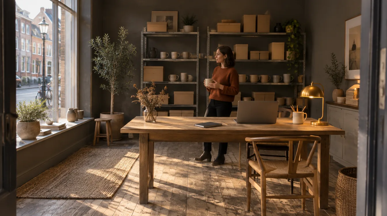 Vrouw in een roestoranje trui staat in een licht voormalig winkelpand met schappen vol bruine dozen en houdt een ongemerkte mok vast bij een eiken tafel.