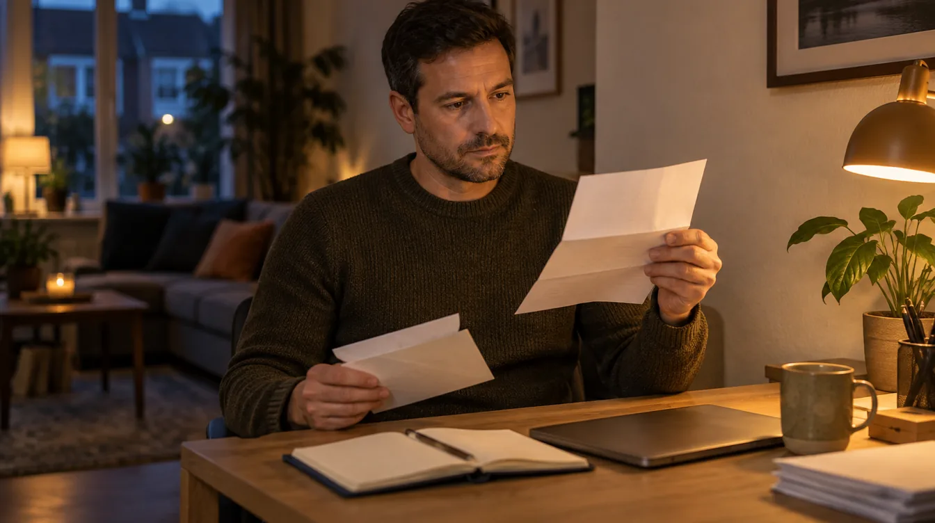 Man in een olijfgroene trui leest 's avonds aan een eiken bureau een brief, met een open envelop, een agenda en een amberkleurige lamp.